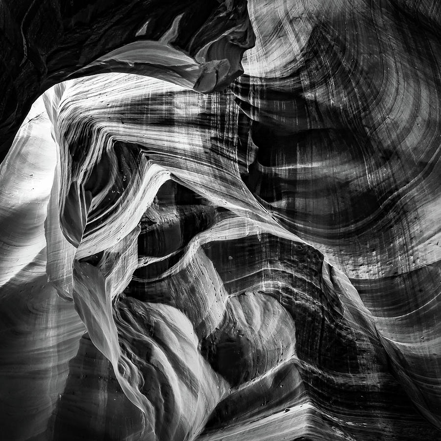 Shades and Shadows Of Antelope Canyon - Black and White 1x1 Photograph by Gregory Ballos