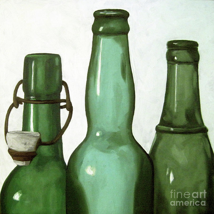 Bottle Painting - Shades of Green - bottles by Linda Apple