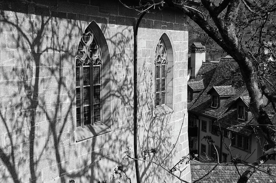 Shadow Play on Nydegg Church Windows in Old City Bern Switzerland Black and White Photograph by Shawn OBrien