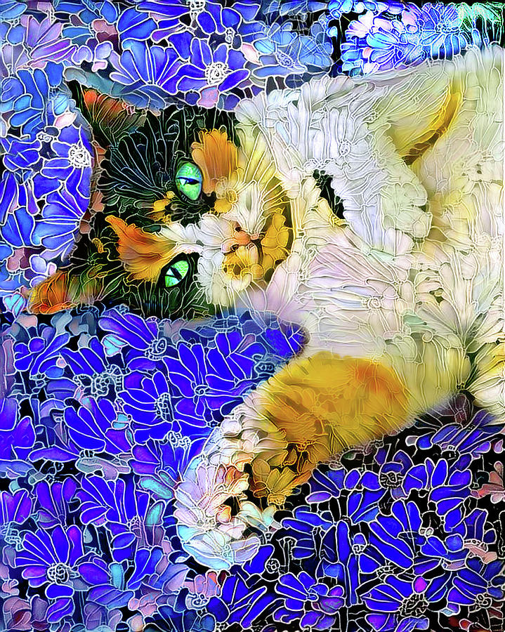 Flower Digital Art - Shadow the Calico Cat Enjoying a Flower Garden by Peggy Collins
