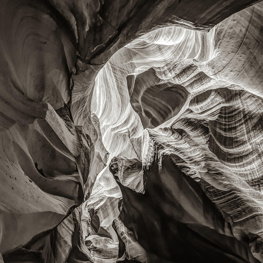 Shadows And Light Within Antelope Canyon Abstract Walls - Sepia 1x1 Photograph by Gregory Ballos