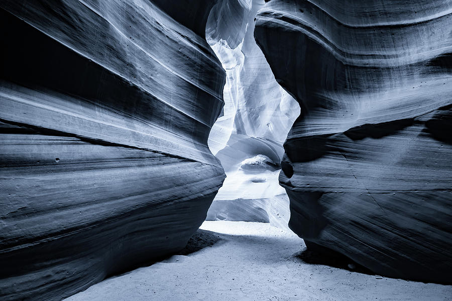 Shadows and Textures - Antelope Canyon In Silver Monochrome Photograph by Gregory Ballos