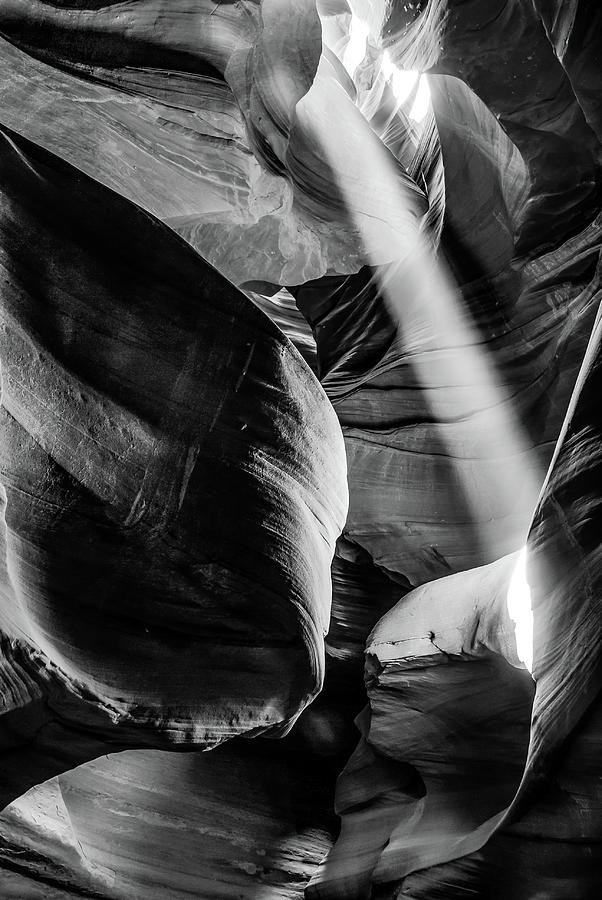 Shadows Light And Abstract Rock Formations Of Antelope Canyon - Black And White Photograph