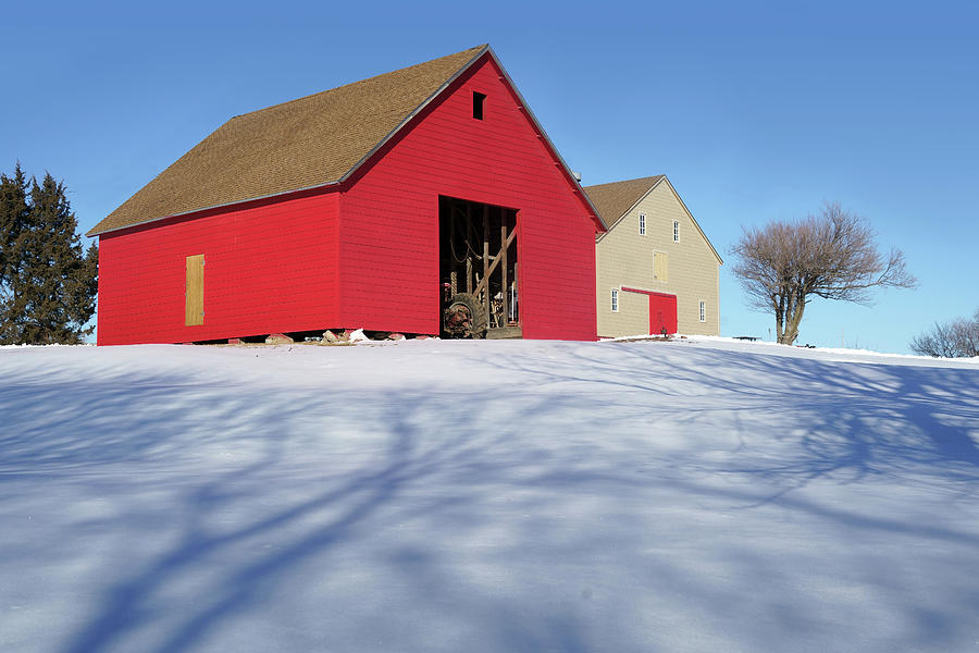 Shadows on Snow - Red Barn Photograph by Nikolyn McDonald