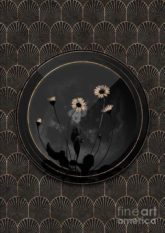 Shadowy Black Daisy Flowers Botanical Art with Gold Art Deco Mixed Media by Holy Rock Design
