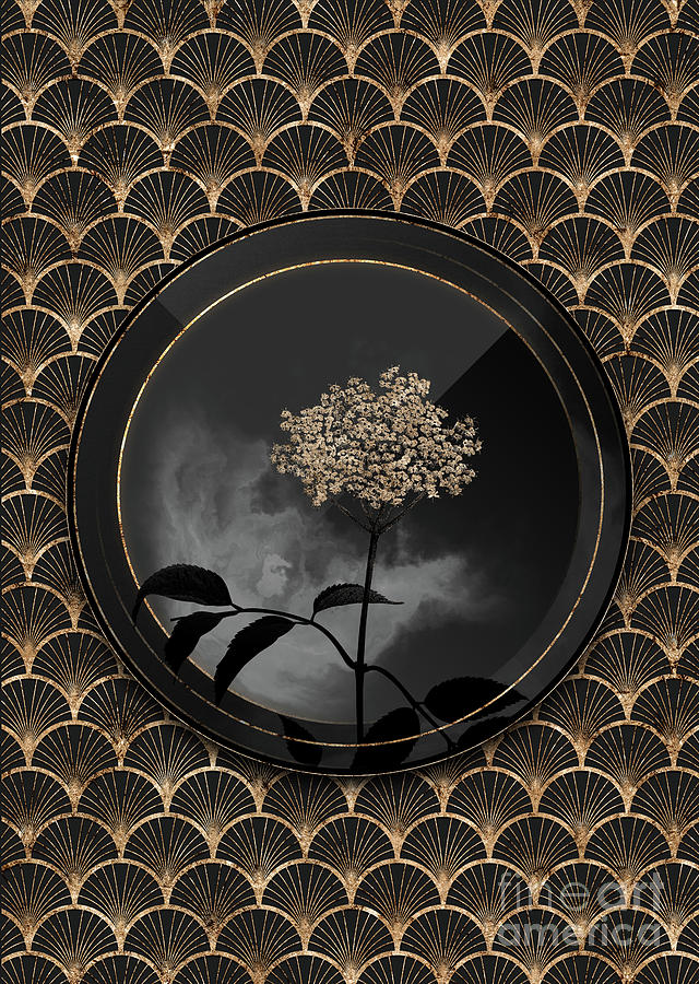 Shadowy Black Elderflower Tree Botanical Art with Gold Art Deco Mixed Media by Holy Rock Design