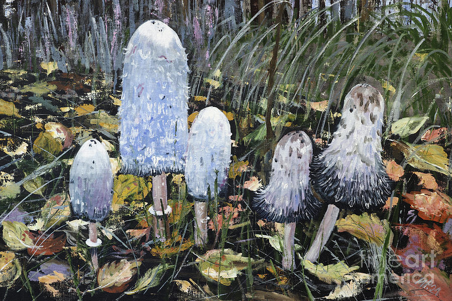 Shaggy mane mushroom in a grass Painting by Michal Boubin