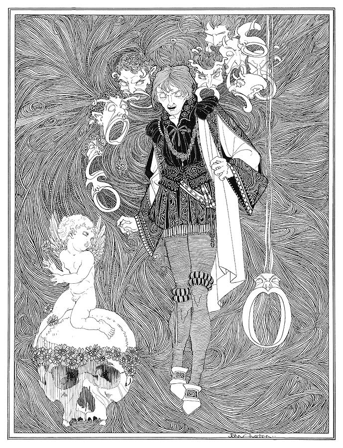 Shakespeare Hamlet illustrations by John Austen - Skull, cherub, masks Drawing by John Archibald Austen