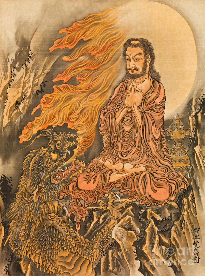 Shakyamuni Conquering the Demons circa 1888 Japan Early Godzilla Painting by Peter Ogden