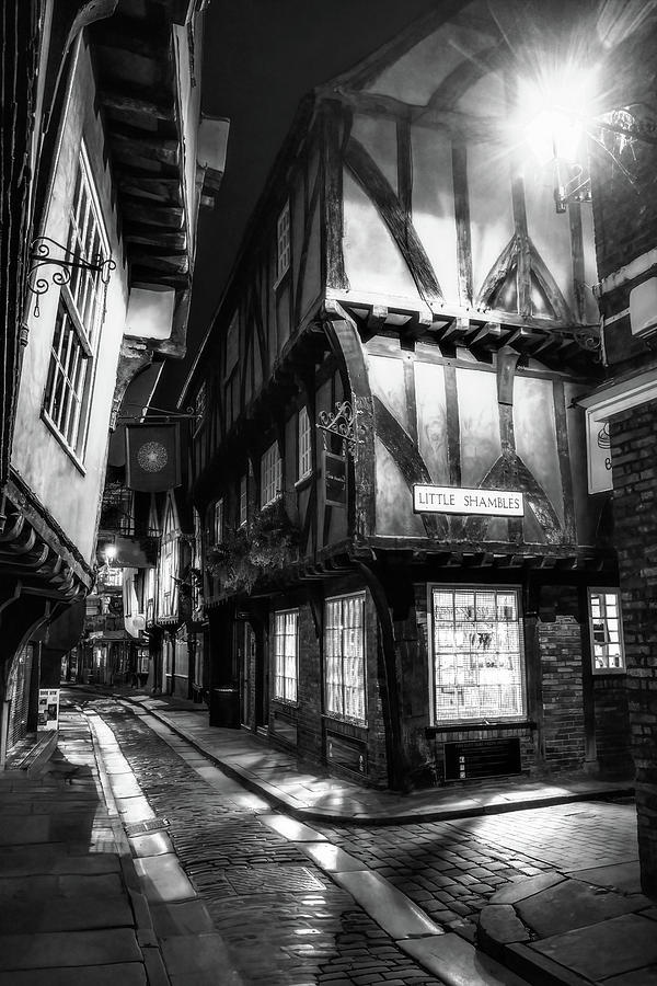 Shambles in York by Night in BW Photograph by Sue Leonard
