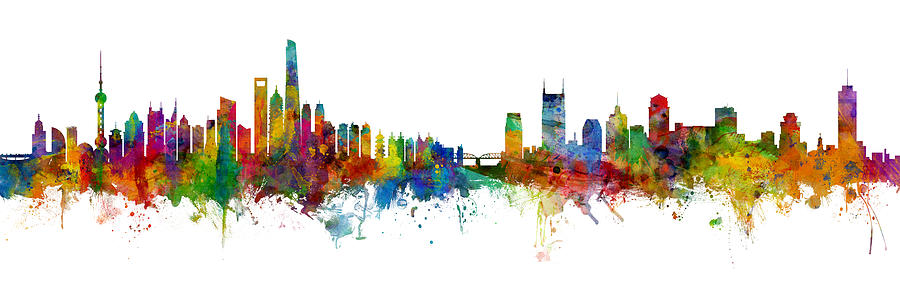 Shanghai and Nashville Skylines Mashup Digital Art by Michael Tompsett