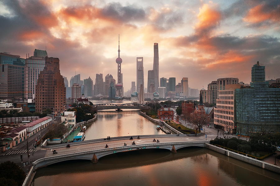 Shanghai city sunrise aerial view with Pudong business district Photograph by Songquan Deng
