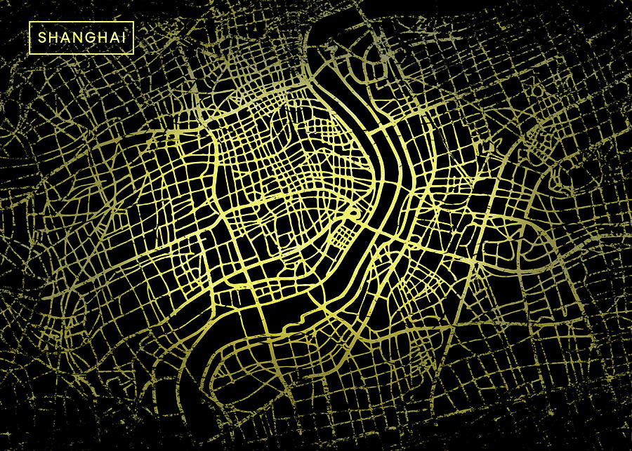 Shanghai Map in Gold and Black Digital Art by Sambel Pedes