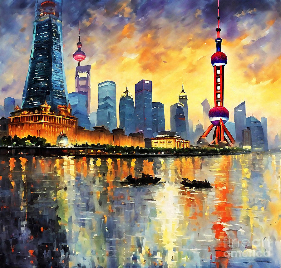 Abstract Painting - Shanghai Oriental Pearl Tower Waitan The Bund Evening by Eldre Delvie