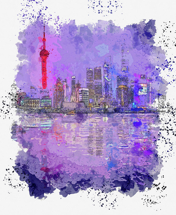 Shanghai Pudong Skyline, Watercolor, By Ahmet Asar Painting