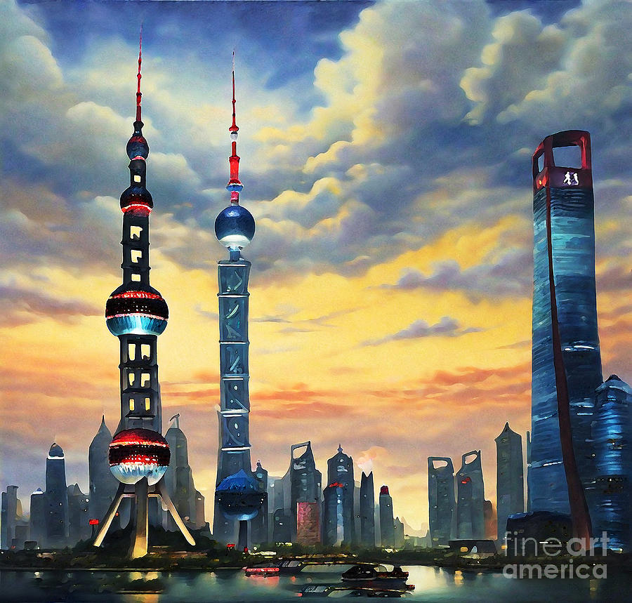 Skyscraper Painting - Shanghai Skyscrapers Oriental Pearl Tower Waitan Evening by Eldre Delvie