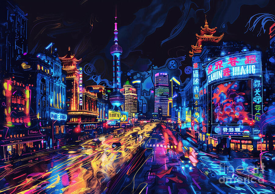 Shanghais Nanjing Road towering into the darkness Painting by Cortez Schinner