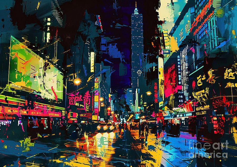 Cityscape Painting - Shanghais Nanjing Road towering into the darkness night light by Cortez Schinner