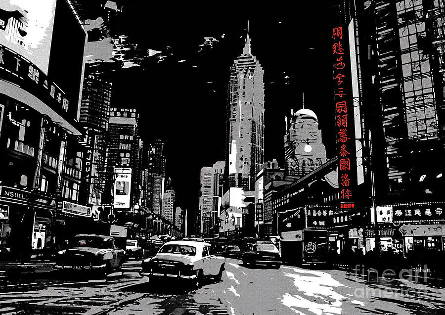 Black And White Painting - Shanghais Nanjing Road towering into the darkness silhouettes by Cortez Schinner