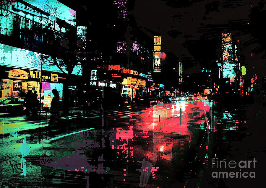 Cityscape Painting - Shanghais Nanjing Road with its neon lights casting eerie shadows in the darkness night light by Cortez Schinner