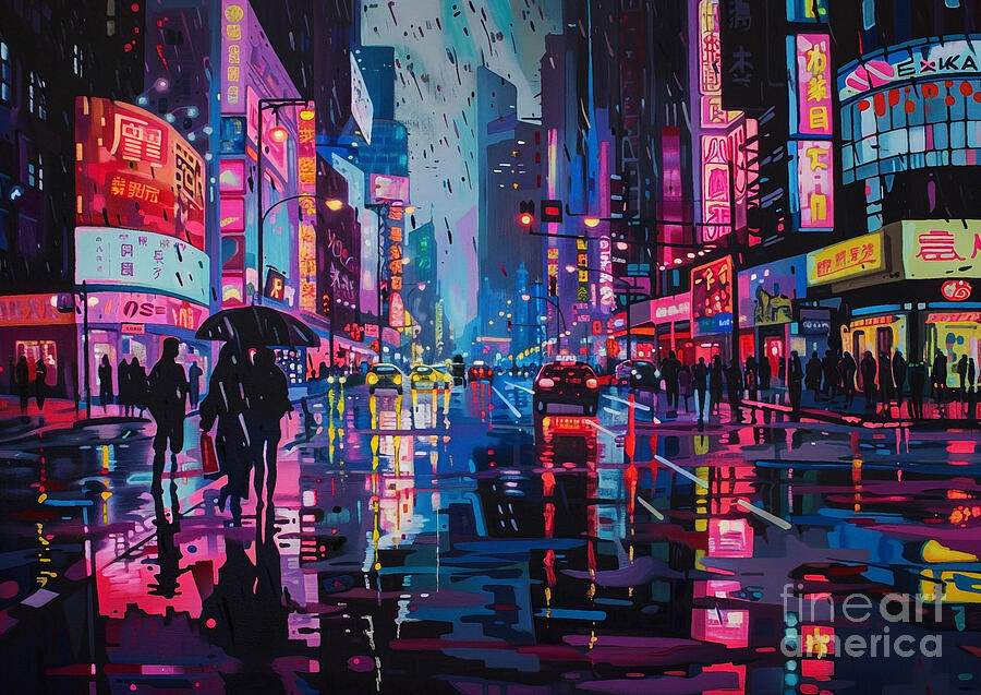 Umbrella Painting - Shanghais Nanjing Road with the dark its neon lights casting eerie shadows in the darkness night by Cortez Schinner