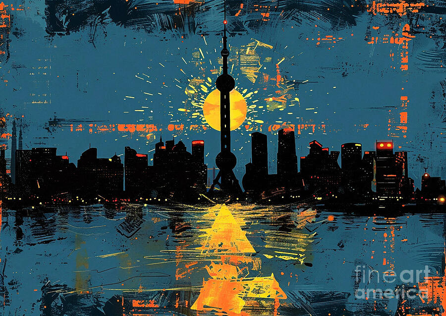 Shanghais Oriental Pearl Tower Shining Brightly In The Darkness Night Painting