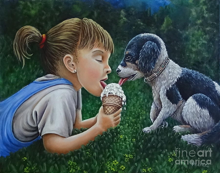Sharing girl and dog Painting by Pechez Sepehri