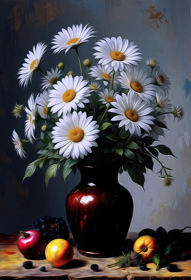 Daisies in a Vase with Fruit Digital Art - Shasta Daisy Flower Wall Art by Vintage Wall Art