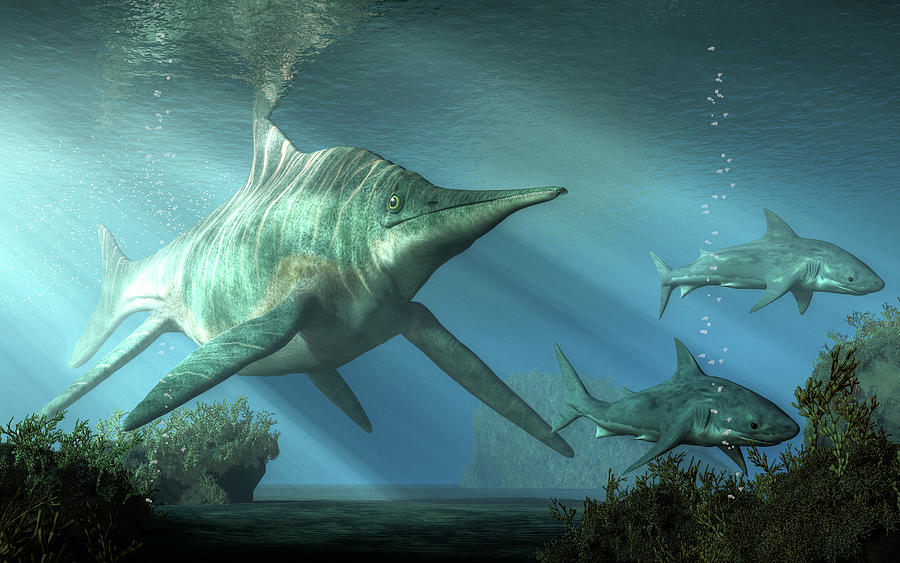 Shastasaurus Chasing Sharks Digital Art by Daniel Eskridge