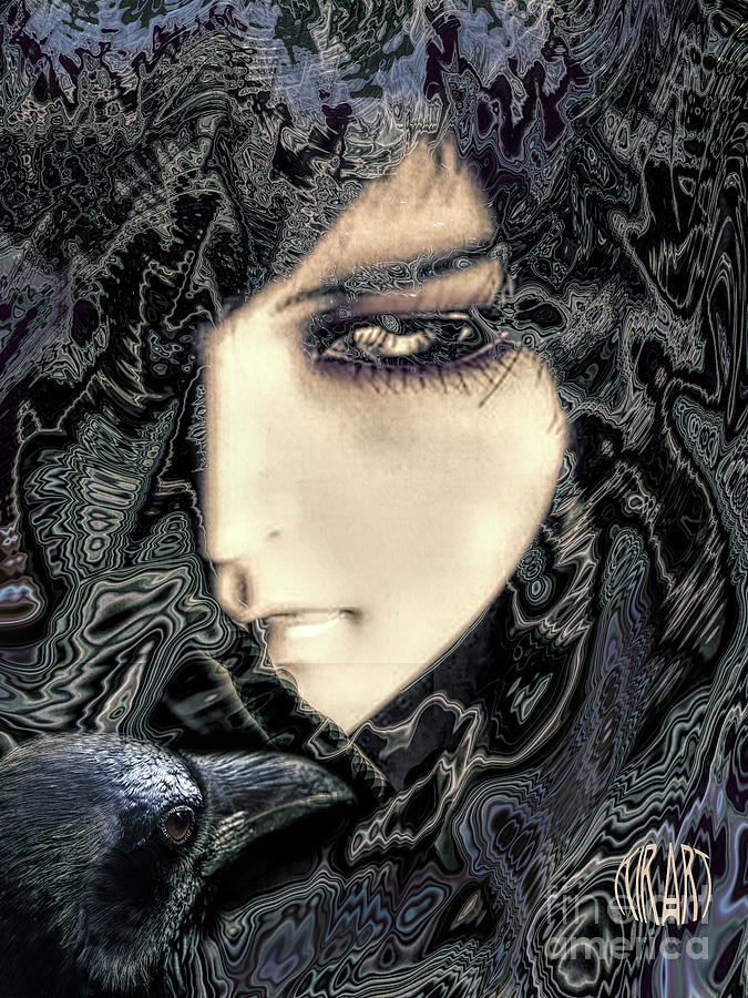 SHE and her pet Raven Mixed Media by Kira Bodensted