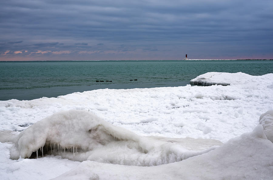 Sheboygan Icescape - Lake Michigan from North Point Park and Breakwater Point Lighthouse Photograph by Peter Herman