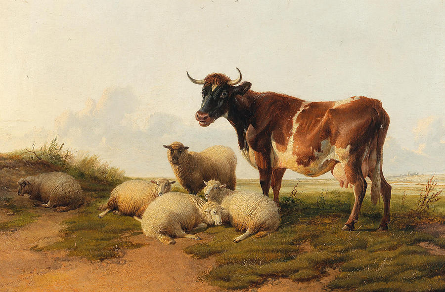 Sheep and Cow in the pasture Painting by Thomas Sidney Cooper