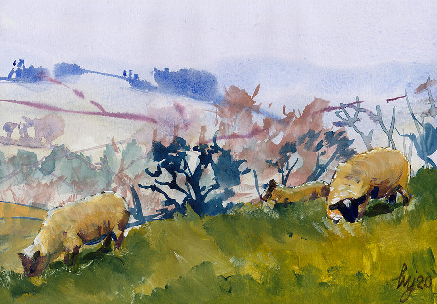 Sheep and Dartmoor hillside landscape painting Painting by Mike Jory