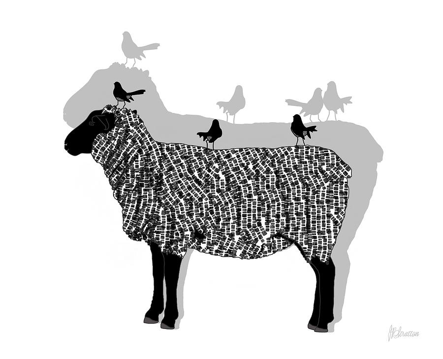 Sheep And Four Willie Wagtails Black And White Pattern Drawing by Joan Stratton