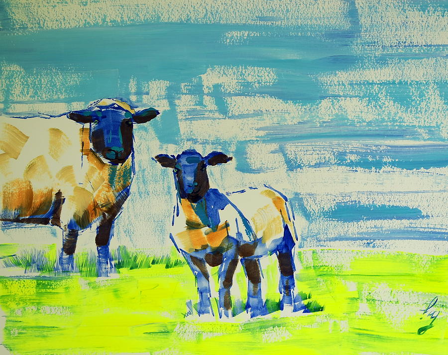 Sheep Painting - Sheep and lamb bright impressionist blue orange yellow by Mike Jory