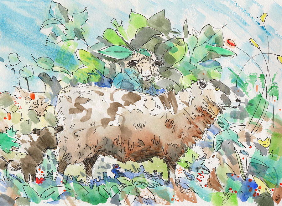 Sheep and lamb in garden surreal painting Mixed Media by Mike Jory