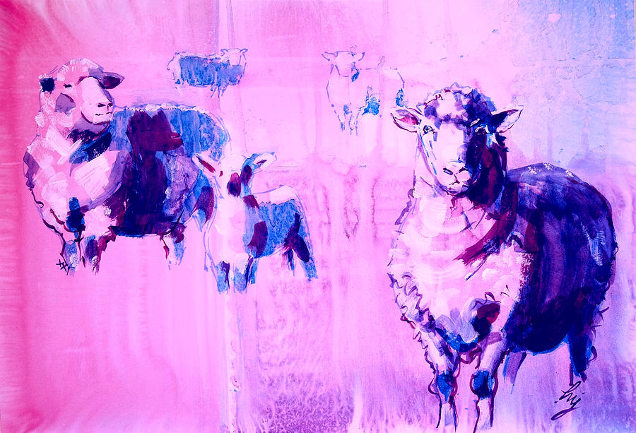 Sheep and lamb permanent rose and blue painting Drawing by Mike Jory
