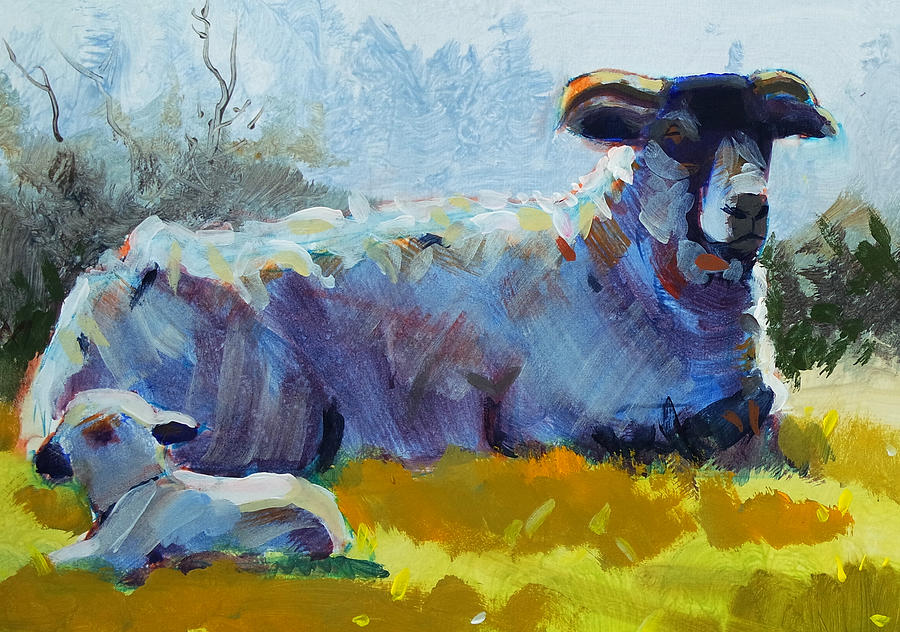 Sheep and lamb together painting Painting by Mike Jory