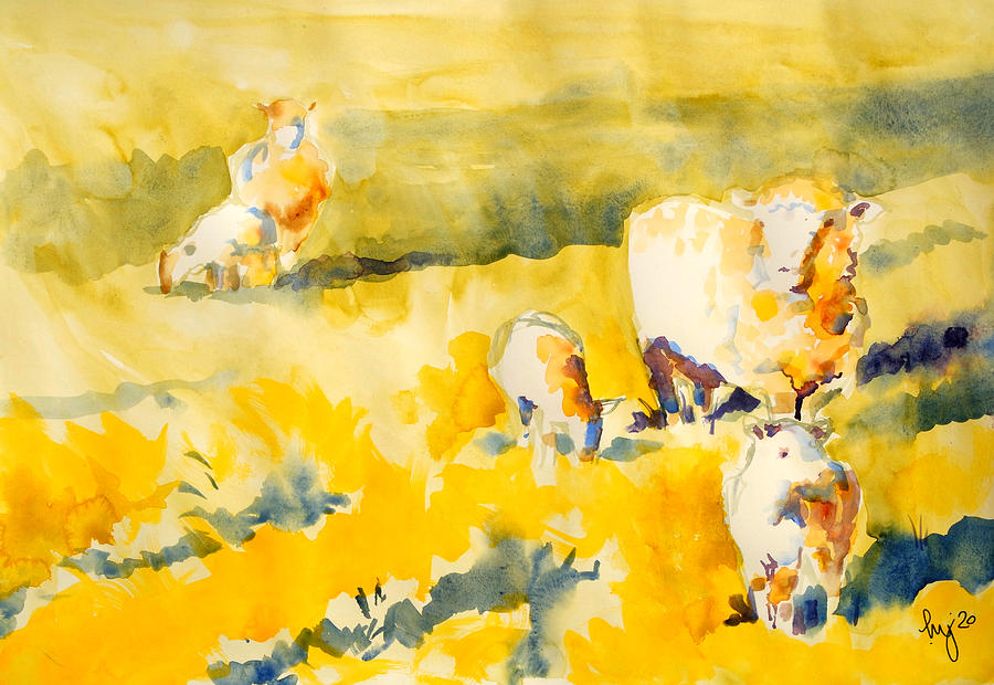 Sheep and lambs - Loose impressionist watercolor painting Painting by Mike Jory