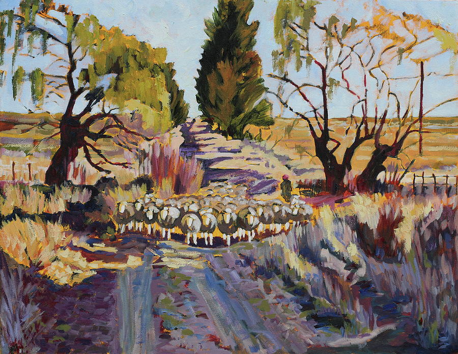 Sheep and Shepherd at Sunset oil painting Bertram Poole Painting by Thomas Bertram POOLE