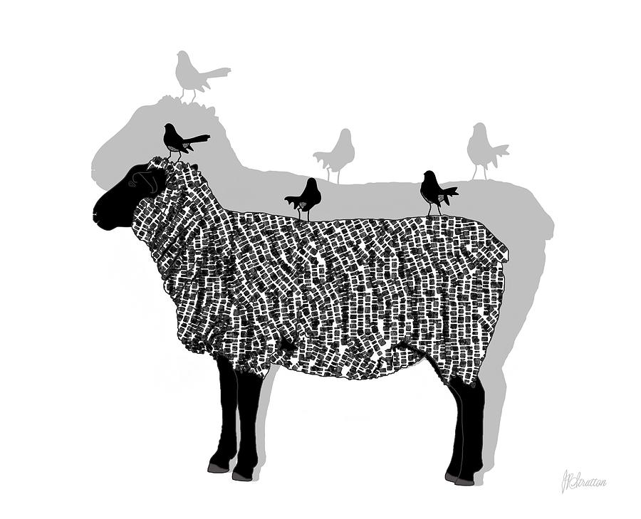 Sheep And Three Willie Wagtails Black And White Pattern Drawing by Joan Stratton