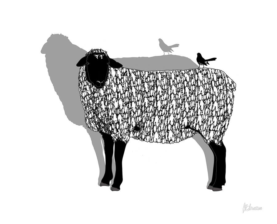 Sheep And Willie Wagtail Black And White Pattern Drawing by Joan Stratton