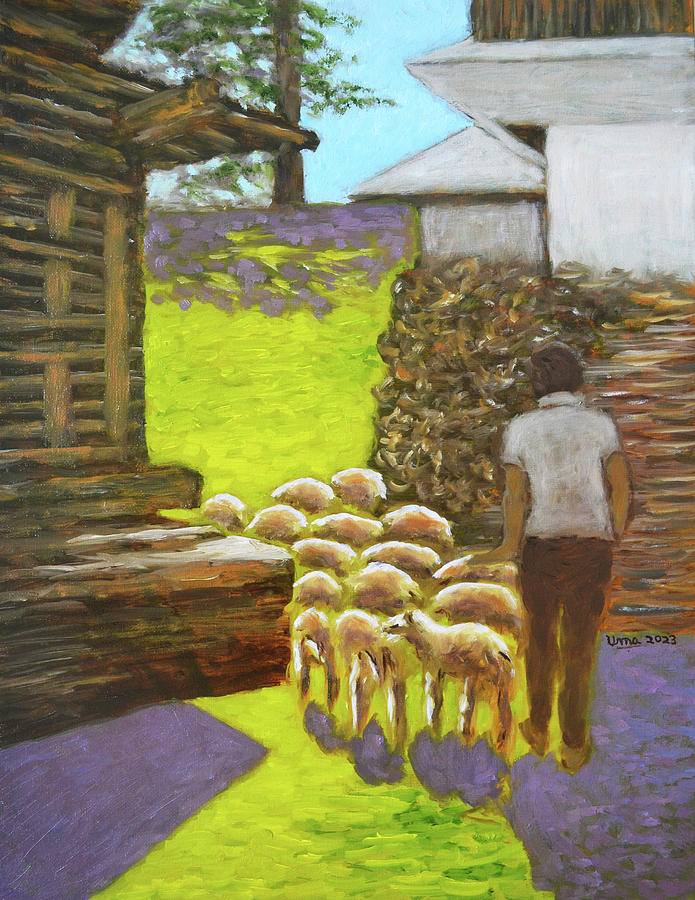 Sheep being taken to graze Painting by Uma Krishnamoorthy