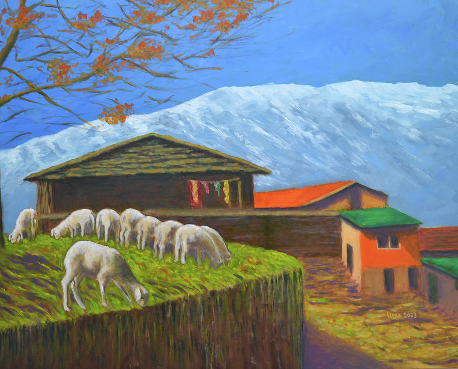 Sheep grazing at Rumsu village Painting by Uma Krishnamoorthy