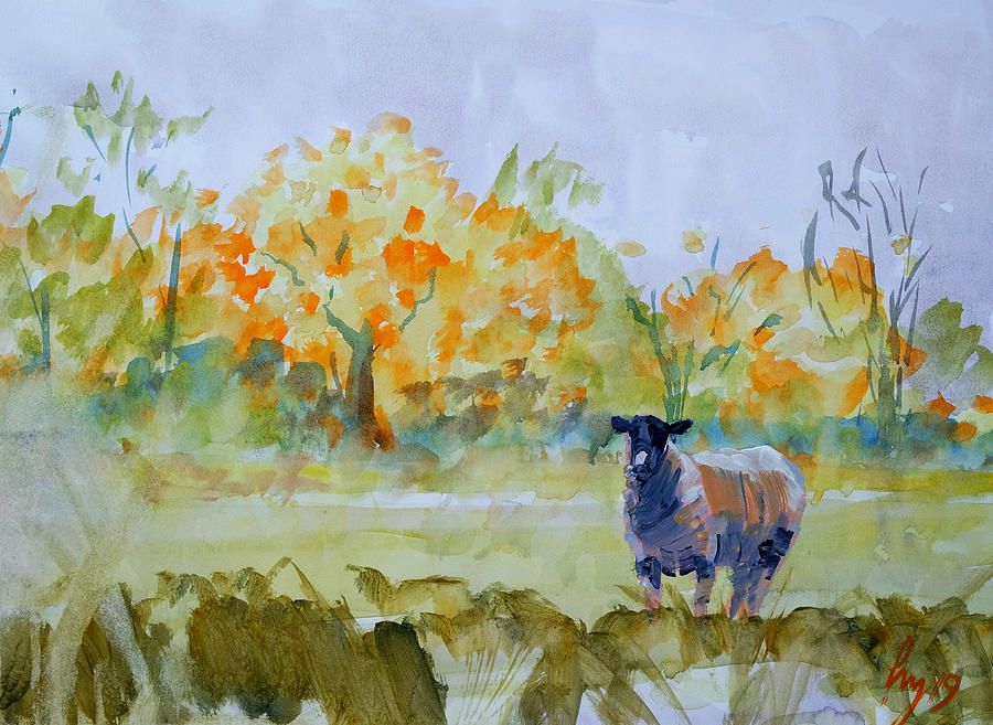 Sheep in autumn landscape Painting by Mike Jory