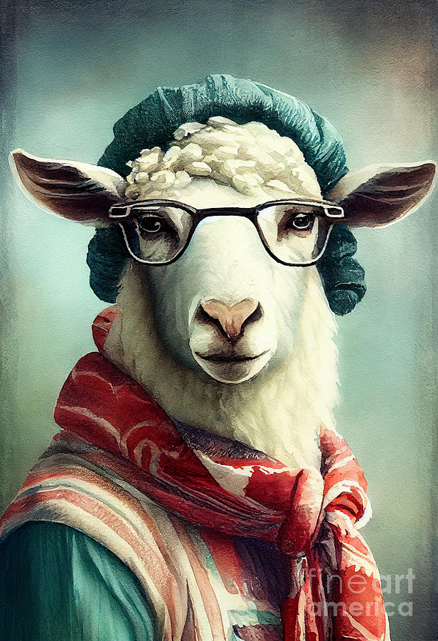 Sheep Painting - Sheep in Suit Watercolor Hipster Animal Retro Costume by Jeff Creation