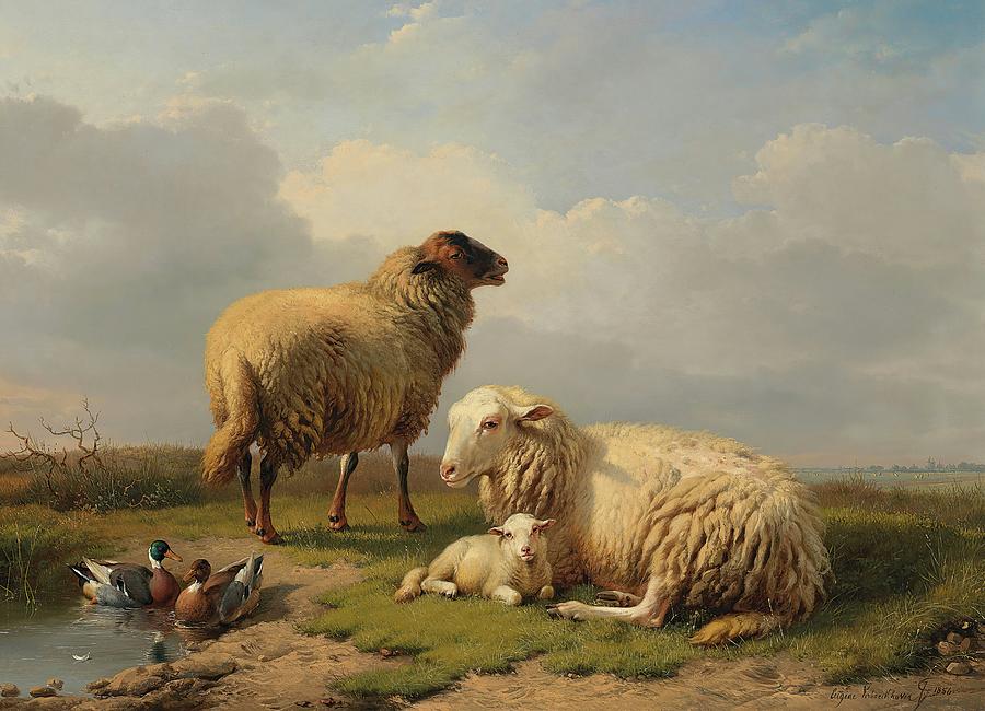 Sheep, Lamb, and Ducks by a Pond Painting by Eugene Verboeckhoven