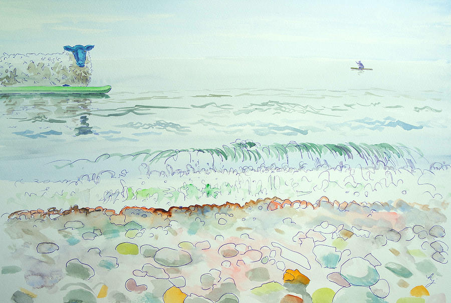 Sheep on Paddleboard on the Sea Surreal Painting Painting by Mike Jory