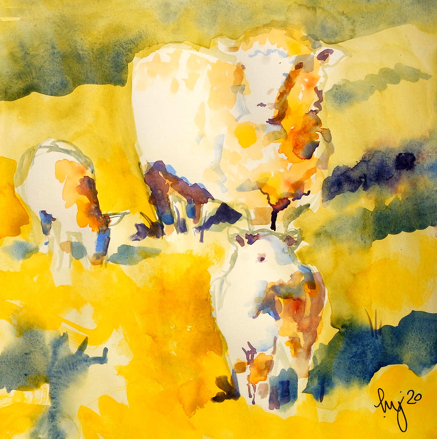 Sheep with two lambs very loose impressionist expressive watercolor painting Painting by Mike Jory