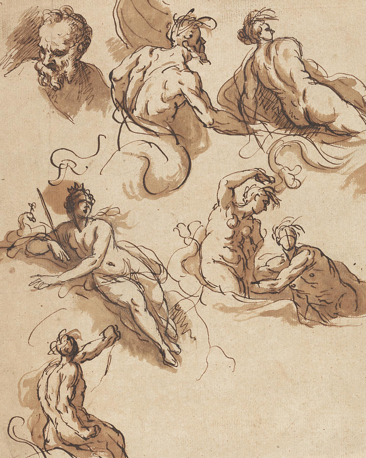 Sheet of Classical Figure Studies Drawing by Sir James Thornhill
